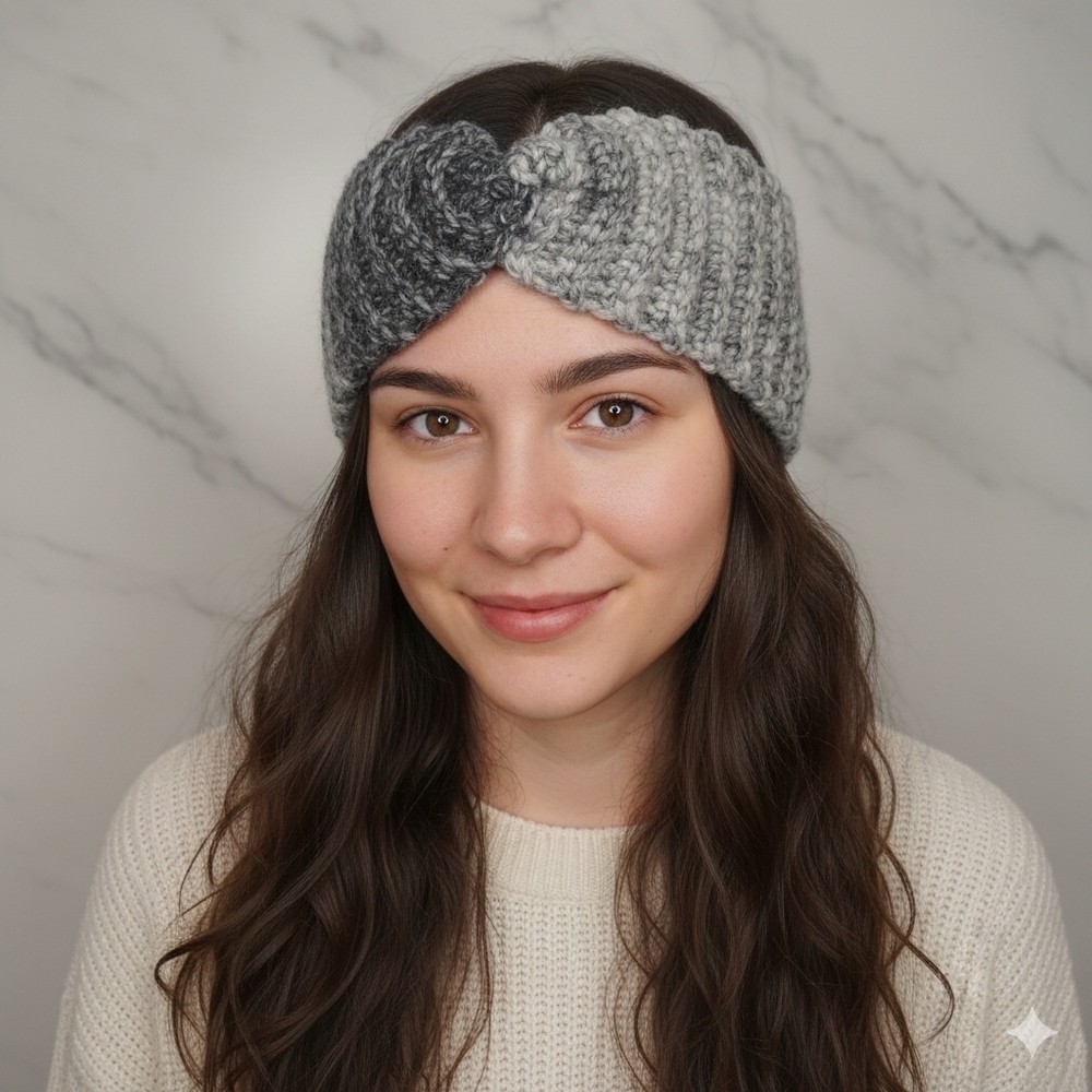 Handmade Crochet Gray Ear Warmers Head Band Twist Handcrafted Acrylic 22% Wool